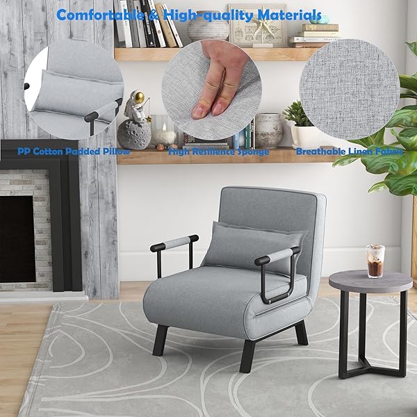Silla convertible, 4 en 1, silla de lectura para sala de estar con almohada, brazo y respaldo ajustable de 5 posiciones, sofá cama individual, color café Marrón