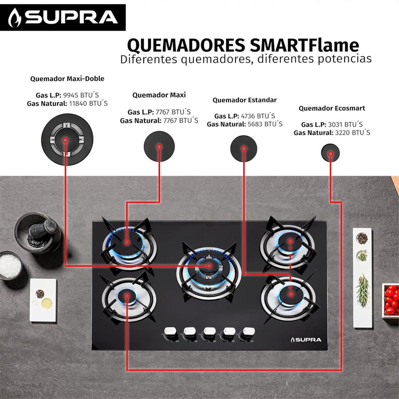 SUPRA Parrilla a Gas Empotrable de 5 Quemadores - 76 cm, Cubierta de Cristal Templado Negro y Válvula de Seguridad Avanzada Mod. BRIONI
