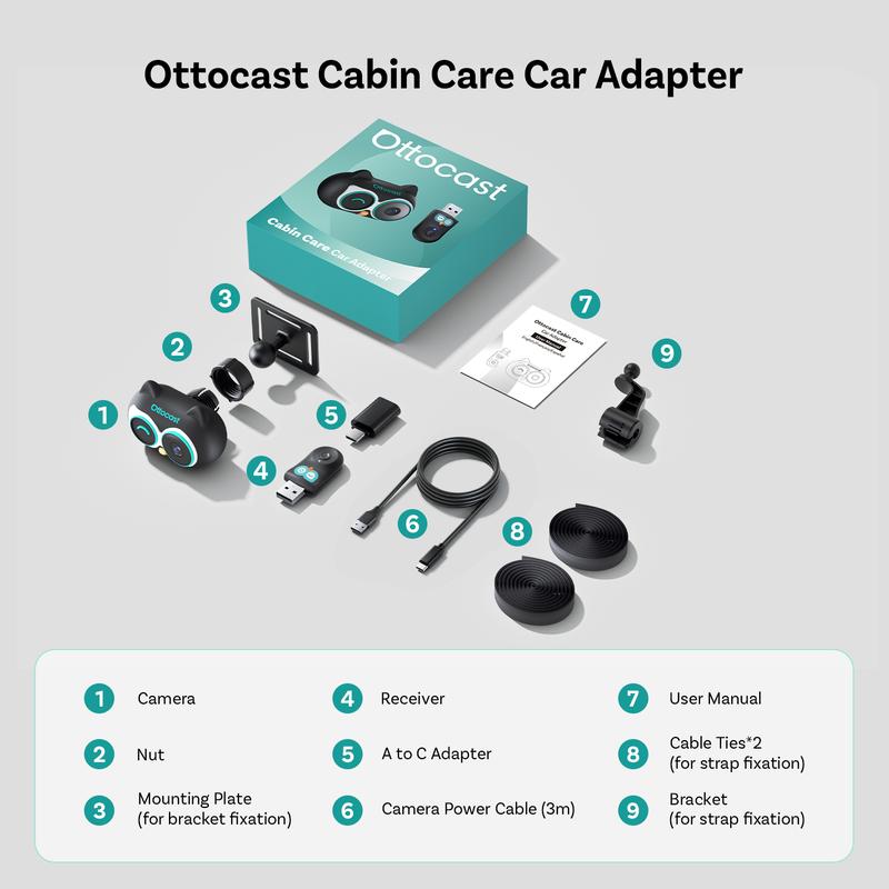 Adaptador inalámbrico CarPlay para cámara de coche para bebés OTTOCAST, monitor de asiento trasero HD 1080P en la pantalla del coche, visión nocturna sin brillo con gran angular de 150°, seguridad para niños y bebés.