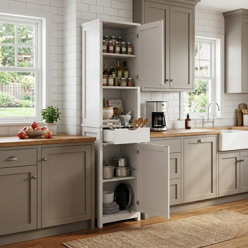 Armario alto para baño, mueble esquinero lateral para cocina con estantes ajustables, ideal para toallas, champús y artículos de limpieza. Muebles que ahorran espacio. Armario alto y estrecho para montaje en suelo. Despensa versátil estilo granja. Color b