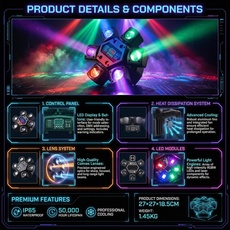 Cabeza móvil para DJ XNK de 6 brazos con forma de ojo de abeja: LED RGBW 4 en 1, láseres rojos y verdes, iluminación dinámica para escenarios y fiestas en discotecas, bodas, festivales y clubes.