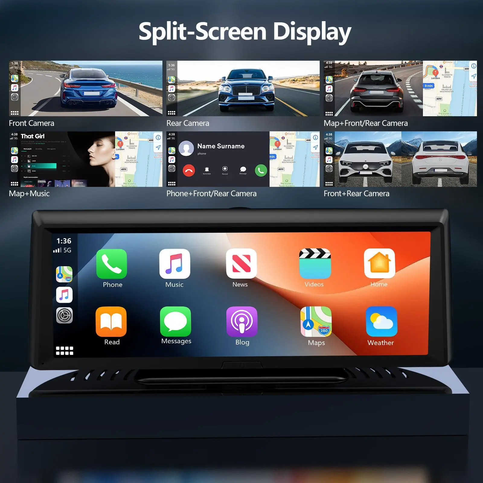 【HiEHA】2026 Carplay InaláMbrico y Android Auto, Pantalla TáCtil de 8,14" 2k Frontal + 1080p Trasera Dash Cam, Gps y Bluetooth, Control por Voz, Unidad Principal Carplay para Facilitar la Conducción
