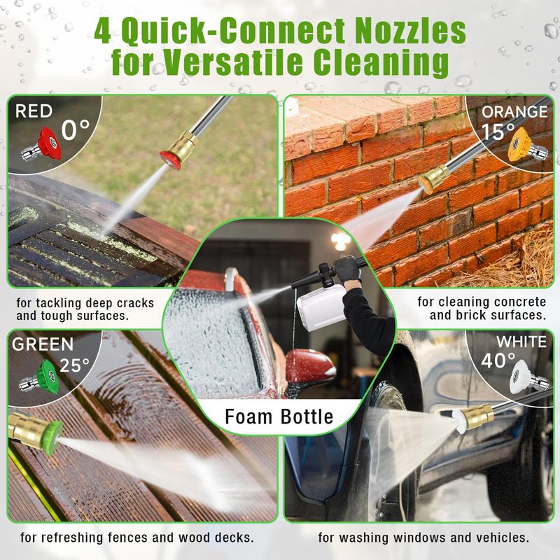 Hidrolavadora eléctrica de 2600 PSI y 2.4 GPM con 4 boquillas y cañón de espuma para limpiar autos, entradas de vehículos, terrazas, cercas, patios y suciedad difícil en exteriores.