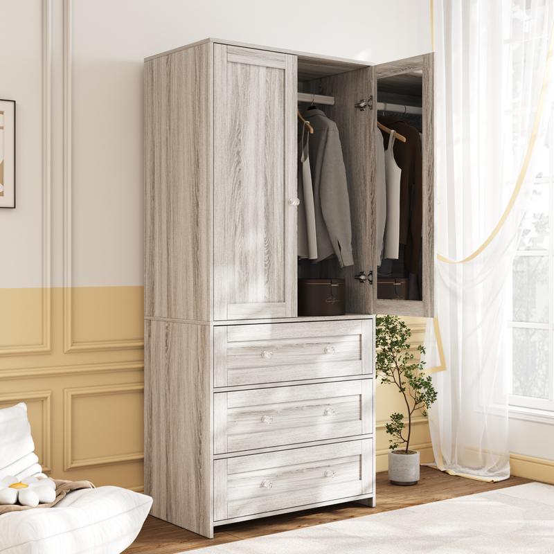Armario independiente VOWNER, 180 cm de altura, para dormitorio, con 2 puertas y 3 cajones, con barra para colgar ropa, ideal para dormitorio o sala de estar.
