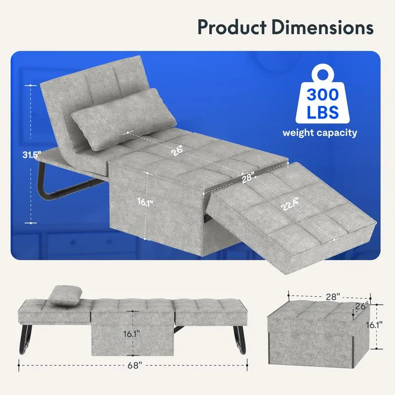 Sofá cama convertible con respaldo ajustable en 5 niveles, otomana tapizada multifuncional, sofá tapizado ajustable, muebles para sala de estar (gris, compatible con camas).