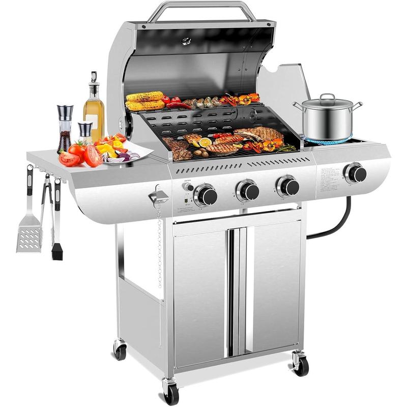 Parrilla de gas propano, parrilla de barbacoa de acero inoxidable con estantes plegables, parrilla para exteriores para patio trasero, terraza y camping. Parrillas de barbacoa portátiles, regreso a clases, compras para el regreso a clases.