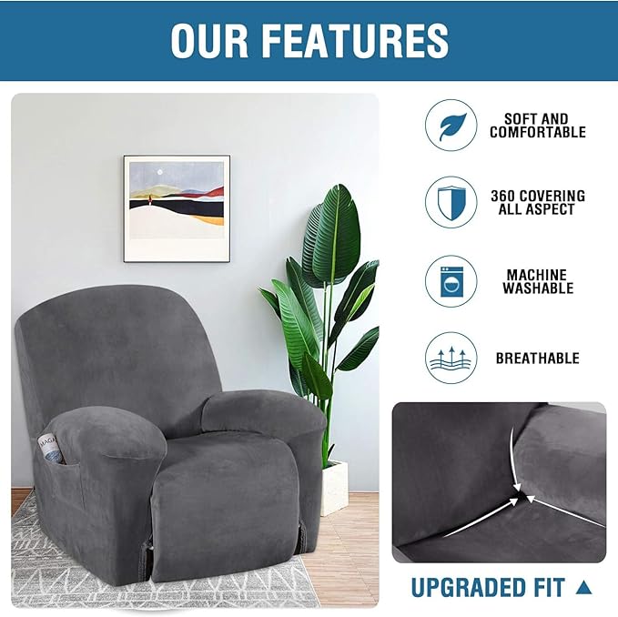 Funda para silla reclinable de terciopelo, 1 pieza, funda reclinable para sillón reclinable grande, protector de muebles de terciopelo suave y grueso con parte inferior elástica, espuma antideslizante adjunta (reclinable, gris)