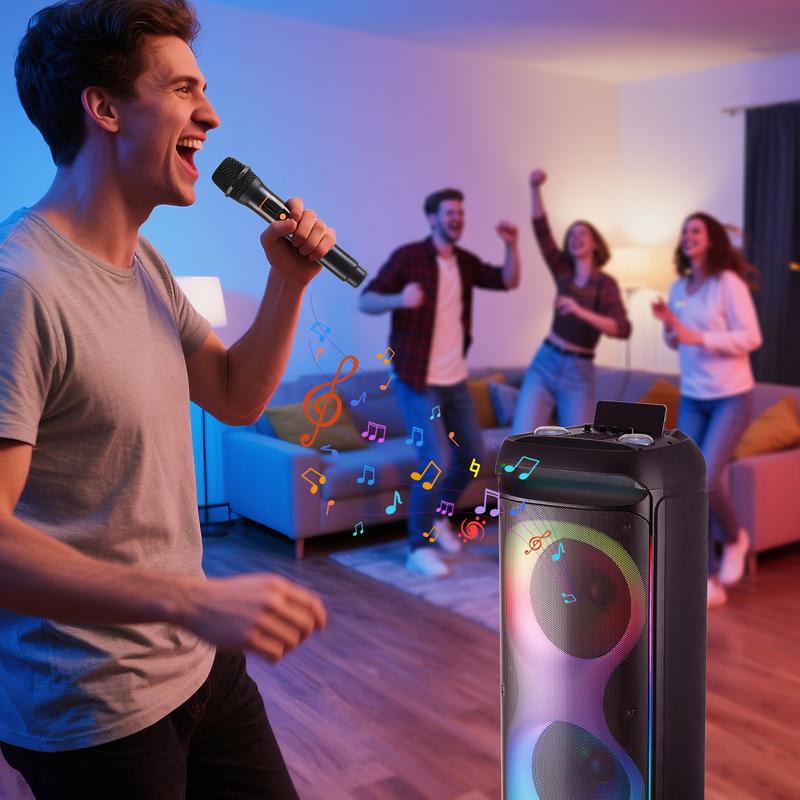 Altavoz Bluetooth PA recargable con doble woofer de 12" + tweeter de 1.5", caja de sonido inalámbrica portátil con dos micrófonos, control remoto y luz LED para fiestas.