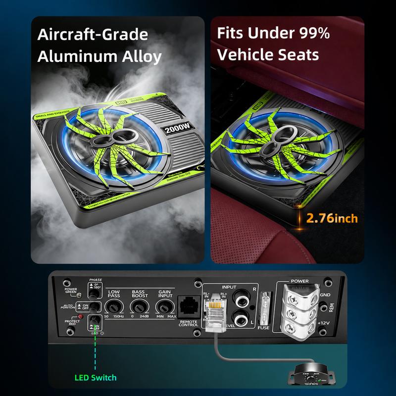 Paquete de subwoofer y amplificador para automóvil TANVSO de 2000 W y 10 pulgadas - Amplificador integrado, luz RGB, filtro de paso bajo, refuerzo de graves, ganancia, aluminio fundido - Compatible con camiones, Jeeps e instalación de audio para automóvil