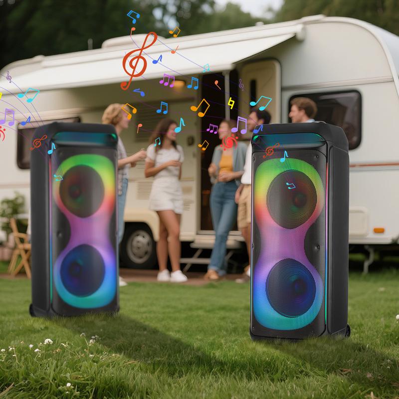 Altavoz Bluetooth PA recargable con doble woofer de 12" + tweeter de 1.5", caja de sonido inalámbrica portátil con dos micrófonos, control remoto y luz LED para fiestas.
