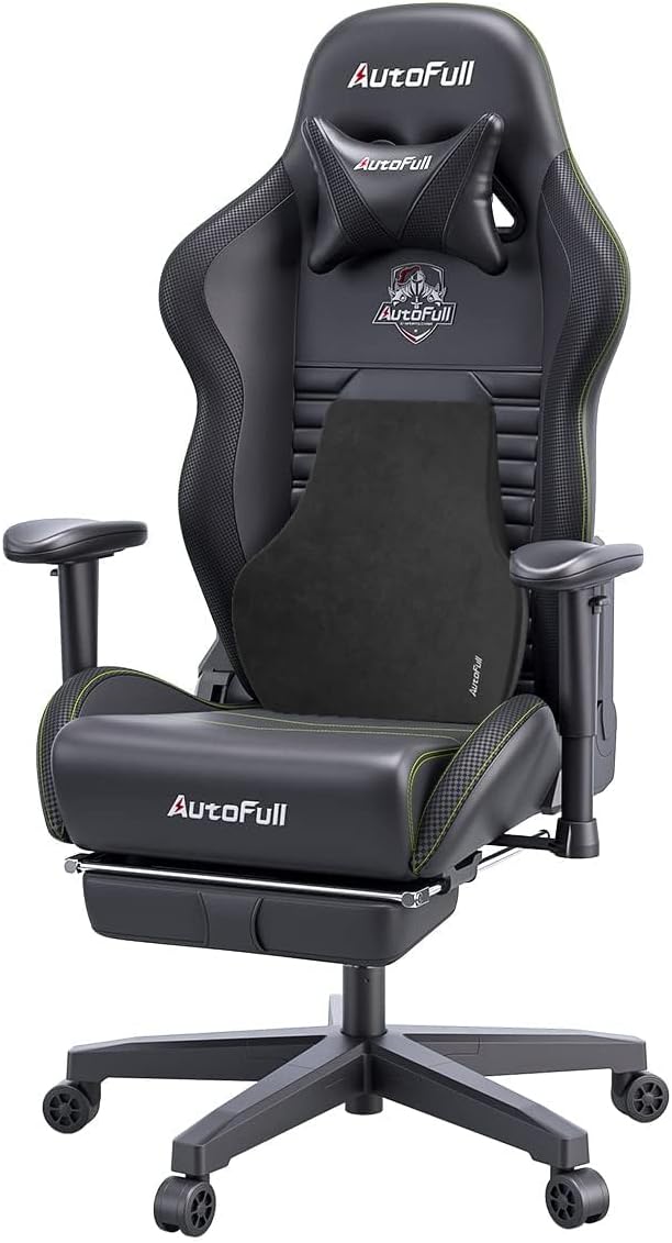 AutoFull Silla Gaming Silla Gamer Ergonómica Silla de Oficina Cuero de PU Silla de Escritorio,Altura e inclinación Ajustables,Reposacabezas y Soporte Lumbar,Reposapiés, (Gris)