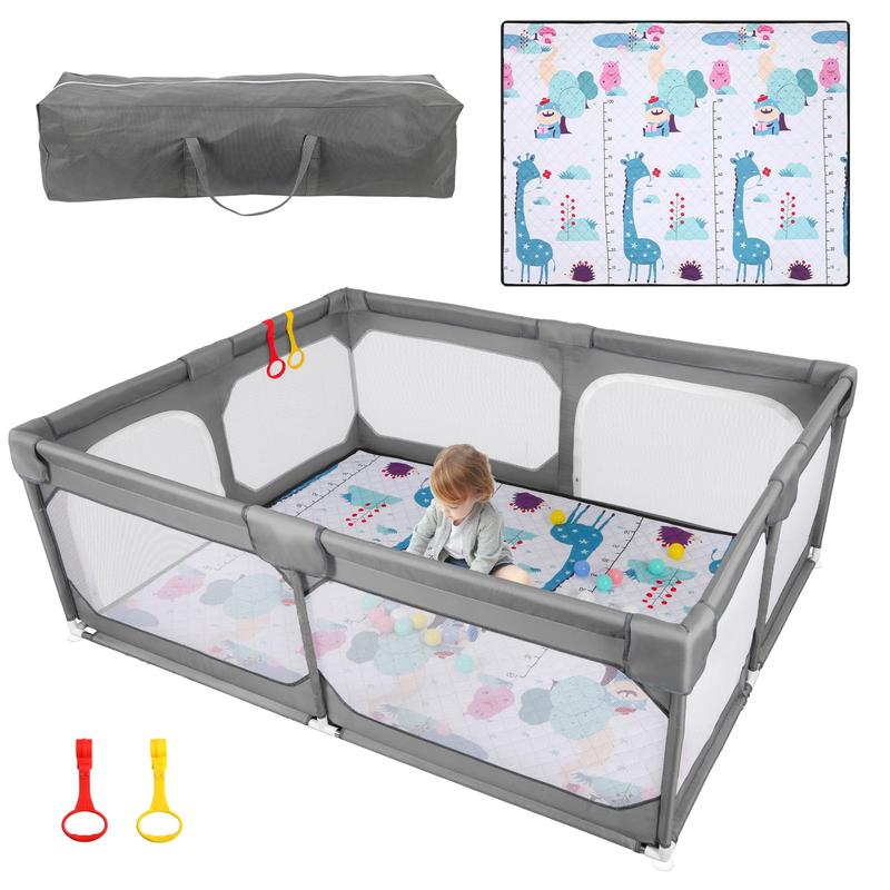 Parque infantil extragrande Benazcap con alfombra, libre de BPA, diseño seguro sin huecos para diversión en interiores y exteriores, regalo para futuras mamás, parque infantil gris con valla resistente.