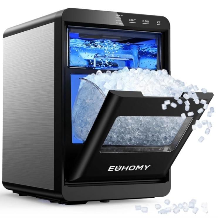 Máquina de hielo en pepitas EUHOMY para encimera, 35 lb/24H y 44 lb/24H, máquina de hielo en guijarros, máquina de hielo en pellets autolimpiante con pala y cesta para hielo, máquina de hielo sónica para encimera para el hogar/cocina/oficina (negra)