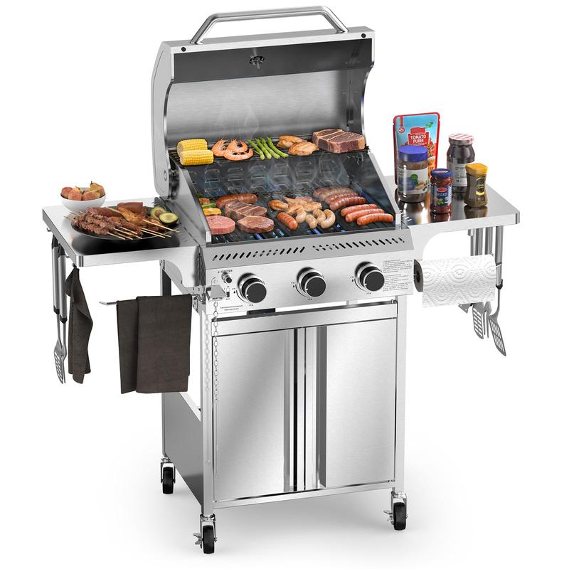 Parrilla de gas propano, parrilla de barbacoa de acero inoxidable con estantes plegables, parrilla para exteriores para patio trasero, terraza y camping. Parrillas de barbacoa portátiles, regreso a clases, compras para el regreso a clases.