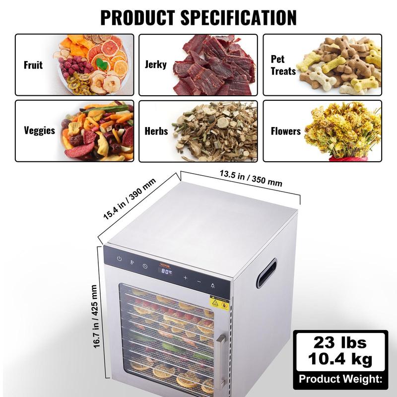 Deshidratador eléctrico de alimentos VEVOR, secador de alimentos eléctrico de 800 W, 10 bandejas de acero inoxidable, con temporizador y temperatura digital ajustables para cecina, hierbas, carne, res, frutas, golosinas para perros y verduras, electrodomé