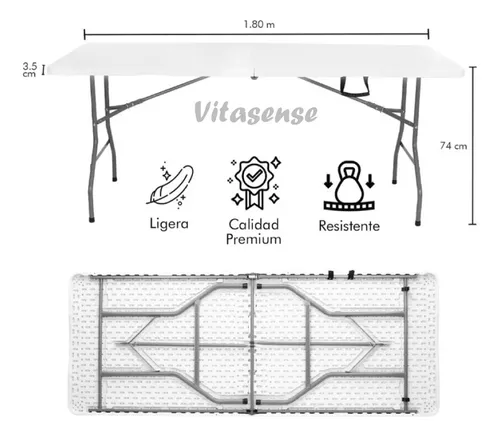 Vitasense mesa 180 cm plegable de exterior de apoyo y trabajo color blanco acero y plástico MESA03