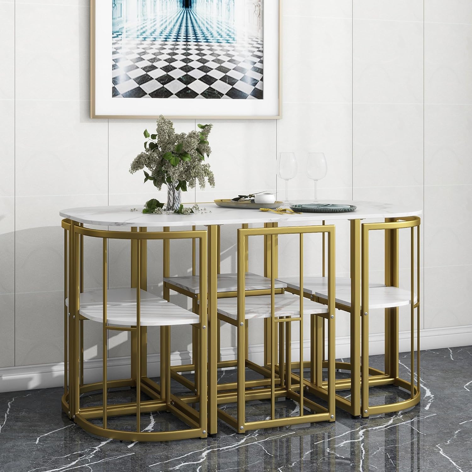 Juego de Comedor Moderno Compacto de 7 Piezas de 55 Pulgadas con Mesa de Cocina de mármol sintético y 6 sillas
