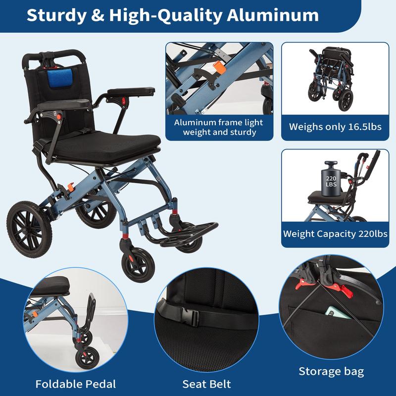Silla de ruedas plegable portátil con freno de mano, diseño ultraligero, ancho de asiento de 40,6 cm (16 pulgadas), ruedas traseras de PVC de 20,3 cm (8 pulgadas), ideal para viajes y asistencia de movilidad diaria. Silla de ruedas plegable para el cuidad