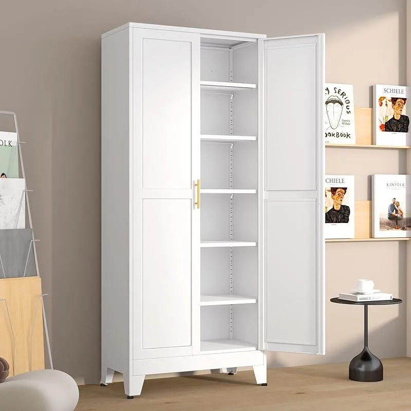 Armario despensa metálico con 2 puertas y 5 estantes ajustables, 190 cm (75"), armarios de almacenamiento de cocina con tiradores dorados, almacenamiento versátil para lavadero, sala de estar, baño, comedor, cuarto de servicio, organizador de muebles para