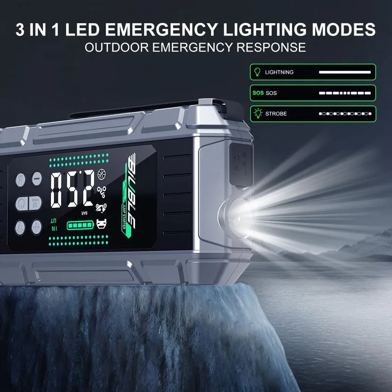 Arrancador portátil para coche 10000A con compresor de aire, soplador, batería externa PD de carga rápida de 65 W para portátil, inflador de neumáticos de 150 PSI, kit de arranque de batería para coche.