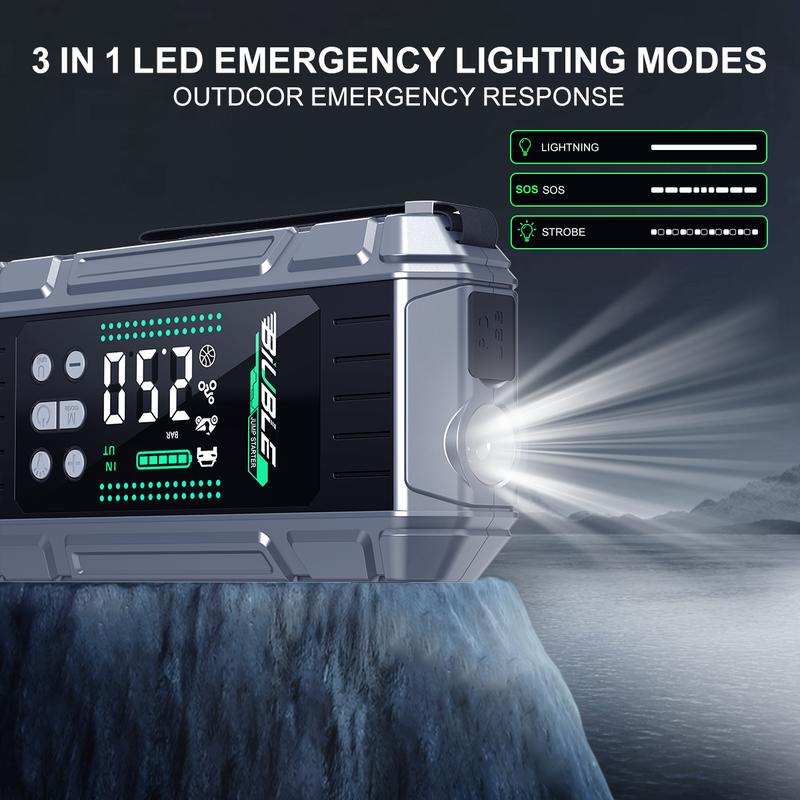 Arrancador portátil para coche 10000A con compresor de aire, soplador, batería externa PD de carga rápida de 65 W para portátil, inflador de neumáticos de 150 PSI, kit de arranque de batería para coche.