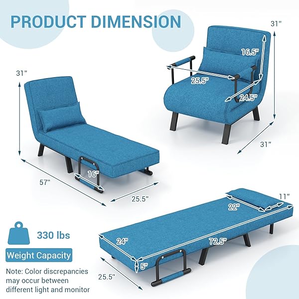 Silla convertible, 4 en 1, silla de lectura para sala de estar con almohada, brazo y respaldo ajustable de 5 posiciones, sofá cama individual, color café Marrón
