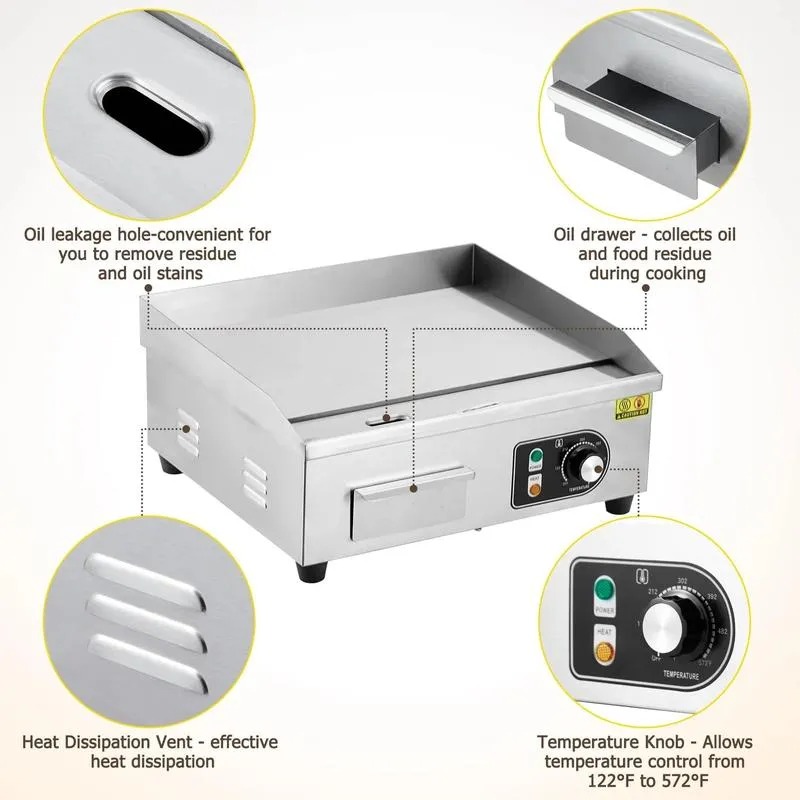 Parrillas eléctricas comerciales en tamaños de 14, 18, 22 y 30 pulgadas con potencia de 1500 W a 3000 W, superficie antiadherente de acero inoxidable y control de temperatura ajustable de 122 °F a 572 °F para uso doméstico y en restaurantes.
