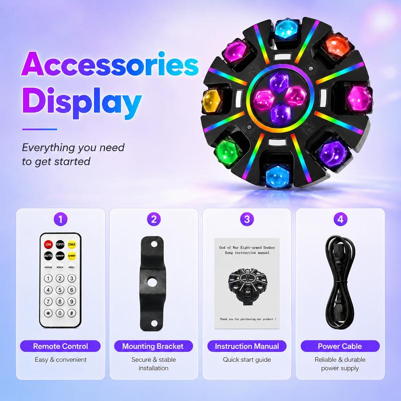 XDV Cabeza Móvil RGBW de 8 Ojos para DJ, Luz para Fiestas con Láser Rojo y Verde, 38 Tiras de Luz RGB, Estroboscópico, Luz de Escenario Activada por Sonido DMX512 para Clubes, KTV, Salas de Juegos, Raves, Fiestas en Casa, Fiestas de Halloween y Ambientes