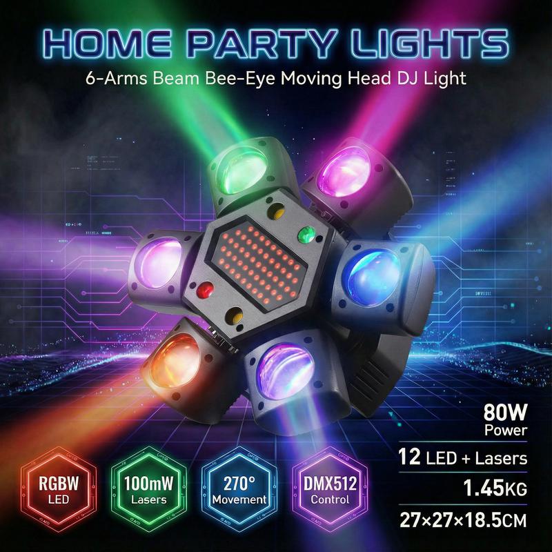 Cabeza móvil para DJ XNK de 6 brazos con forma de ojo de abeja: LED RGBW 4 en 1, láseres rojos y verdes, iluminación dinámica para escenarios y fiestas en discotecas, bodas, festivales y clubes.