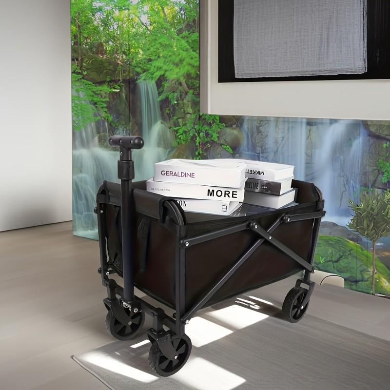 Carretilla plegable multifuncional de gran capacidad, ruedas todoterreno, estructura metálica, armazón de tela y plástico, ideal para jardinería, camping, playa, deportes y compras.