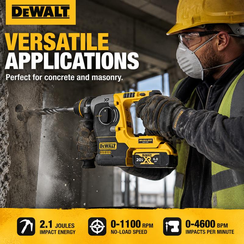 Taladro percutor inalámbrico recargable sin escobillas DEWALT DCH273 de 20 V, diámetro máximo de perforación de 26 mm, velocidad sin carga de 0-950 RPM, frecuencia de impacto de 0-3600 IPM, batería de litio de 6.0 Ah y cargador para construcción, perforac