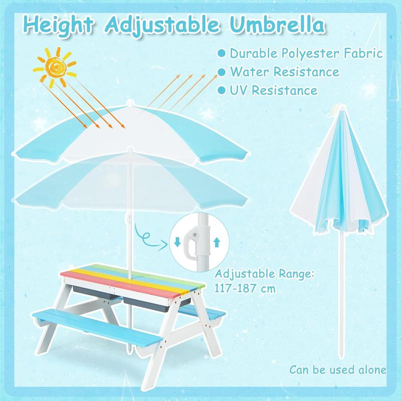 Mesa de picnic infantil Costzon con sombrilla de altura ajustable, para interior y exterior, mesa de arena y agua para jardín, patio trasero, terraza, dealsforyou