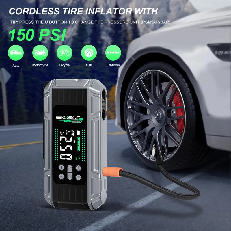 Arrancador portátil para coche 10000A con compresor de aire, soplador, batería externa PD de carga rápida de 65 W para portátil, inflador de neumáticos de 150 PSI, kit de arranque de batería para coche.