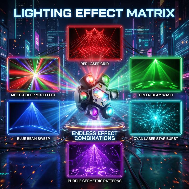 Cabeza móvil para DJ XNK de 6 brazos con forma de ojo de abeja: LED RGBW 4 en 1, láseres rojos y verdes, iluminación dinámica para escenarios y fiestas en discotecas, bodas, festivales y clubes.