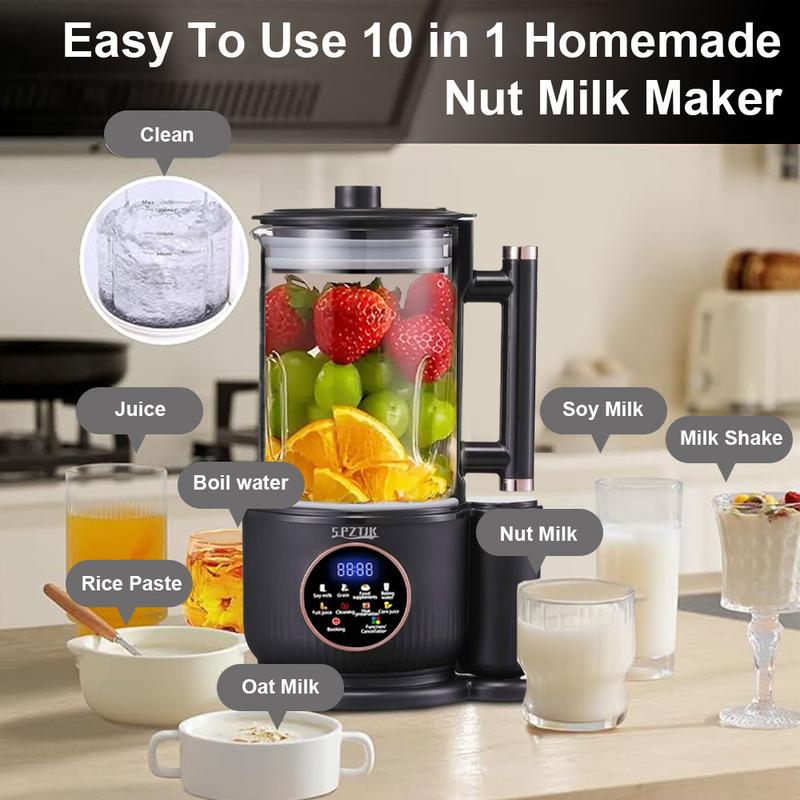 Máquina para hacer leche de frutos secos, 10 en 1, automática, para preparar leche de soja, almendras, avena, coco, etc., multifunción, temporizador de 12 horas, limpieza automática, temperatura ambiente, conservación del calor, ebullición, temperatura am