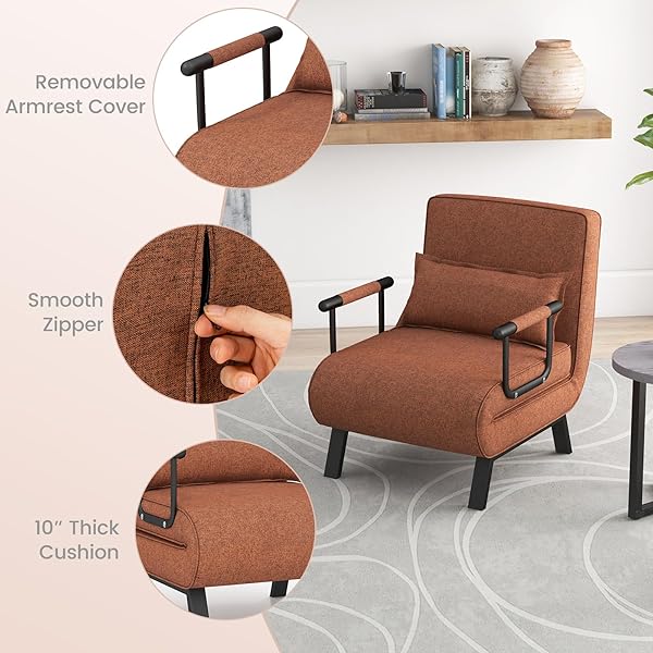 Silla convertible, 4 en 1, silla de lectura para sala de estar con almohada, brazo y respaldo ajustable de 5 posiciones, sofá cama individual, color café Marrón