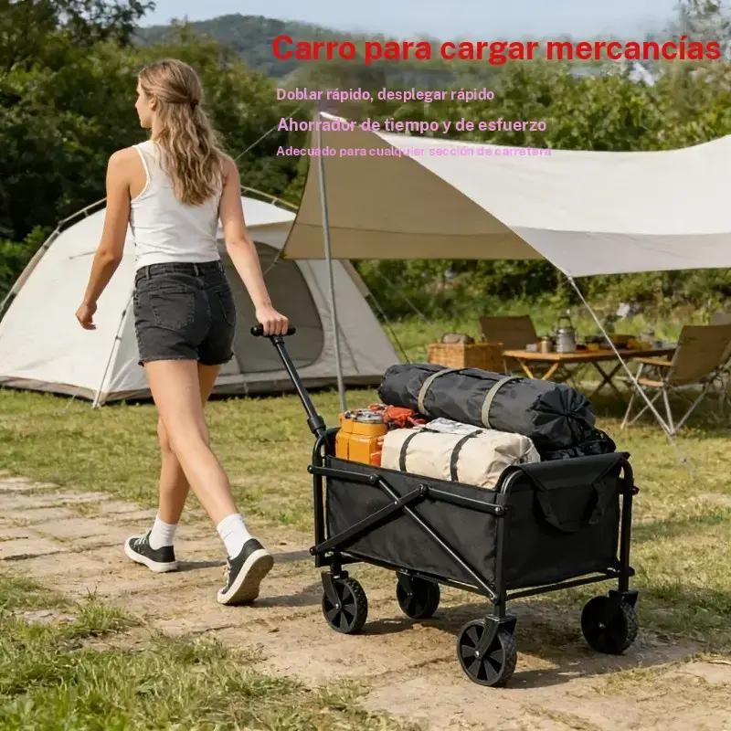 Carretilla plegable multifuncional de gran capacidad, ruedas todoterreno, estructura metálica, armazón de tela y plástico, ideal para jardinería, camping, playa, deportes y compras.