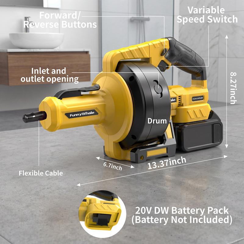 Desatascador inalámbrico FunnyWhale compatible con batería Dewalt de 20 V (batería no incluida). Serpiente desatascadora de alimentación automática con cable de 7 metros. Herramienta para desatascar desagües de fregaderos, inodoros, bañeras y alcantarilla
