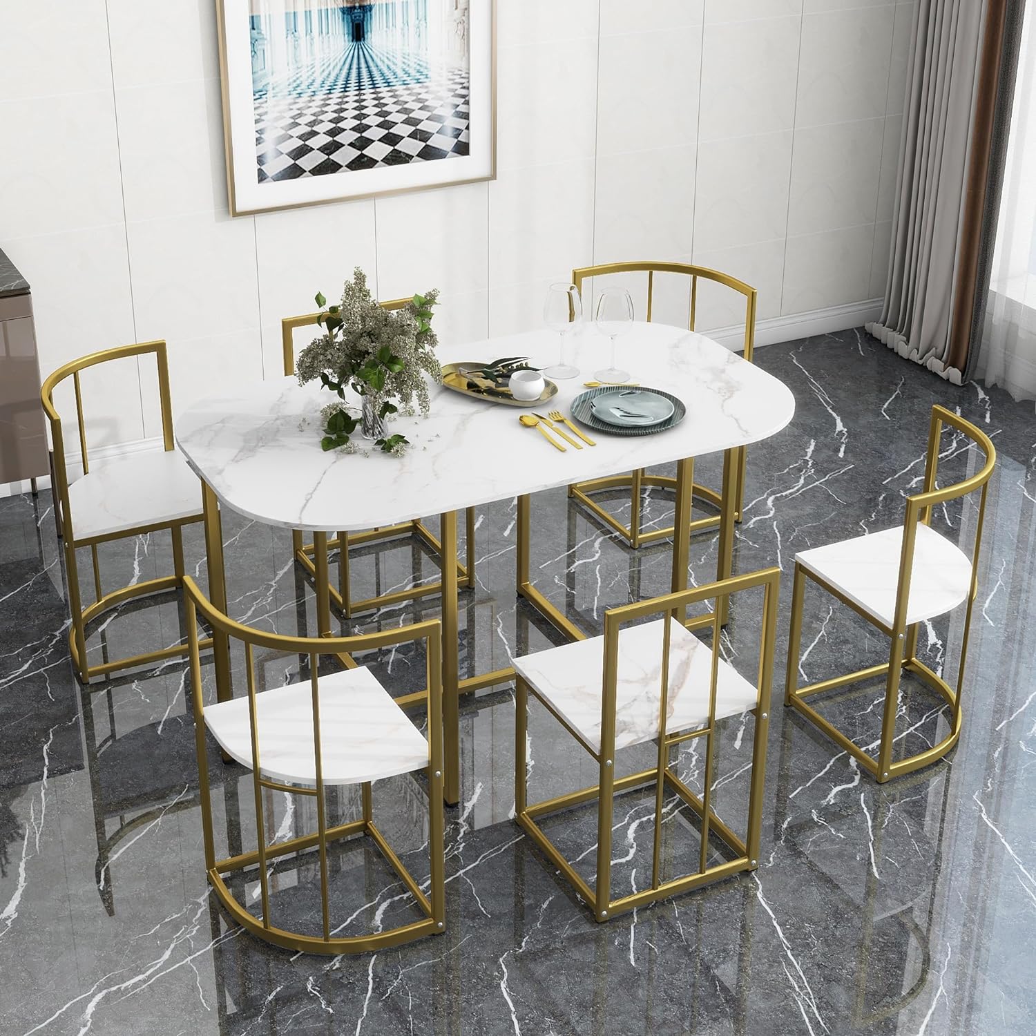 Juego de Comedor Moderno Compacto de 7 Piezas de 55 Pulgadas con Mesa de Cocina de mármol sintético y 6 sillas