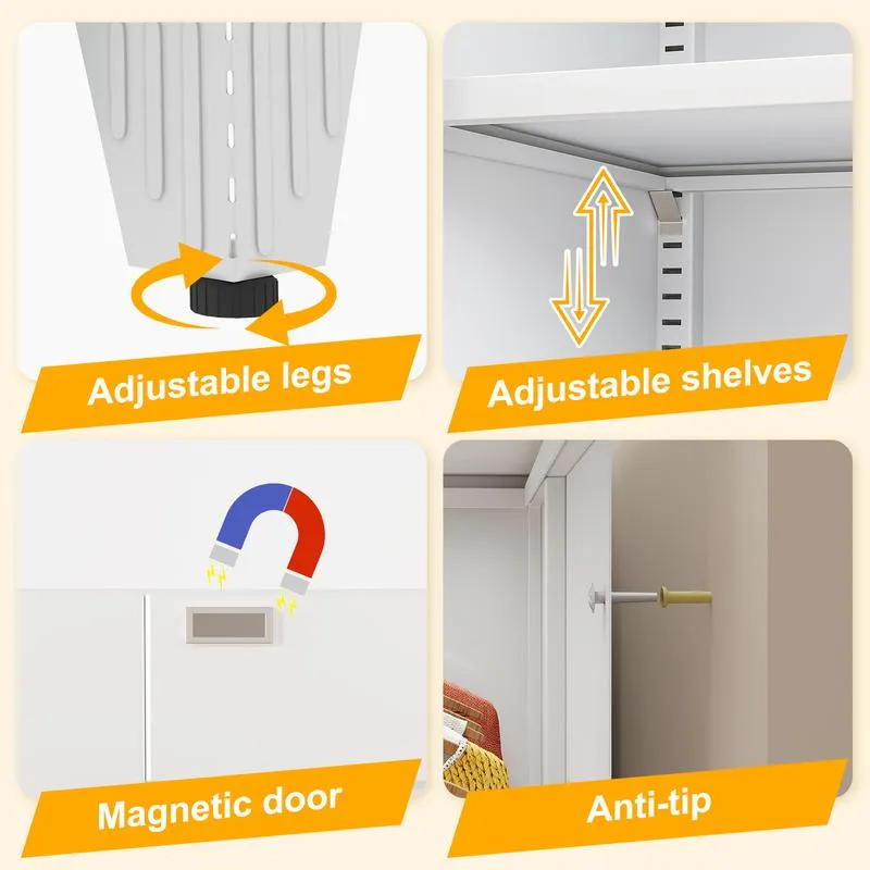 Armario despensa metálico con 2 puertas y 5 estantes ajustables, 190 cm (75"), armarios de almacenamiento de cocina con tiradores dorados, almacenamiento versátil para lavadero, sala de estar, baño, comedor, cuarto de servicio, organizador de muebles para