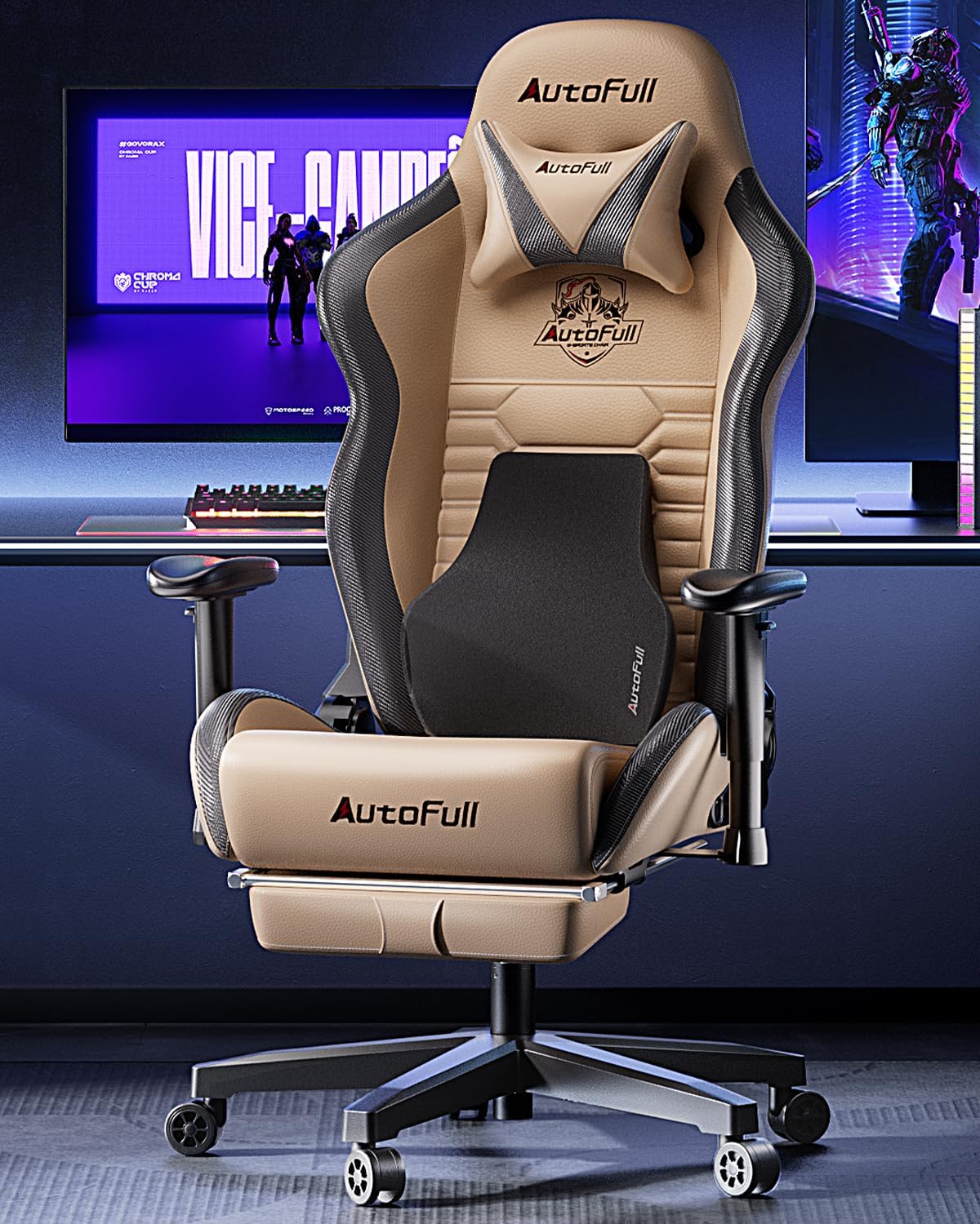 AutoFull Silla Gaming Silla Gamer Ergonómica Silla de Oficina Cuero de PU Silla de Escritorio,Altura e inclinación Ajustables,Reposacabezas y Soporte Lumbar,Reposapiés, (Gris)