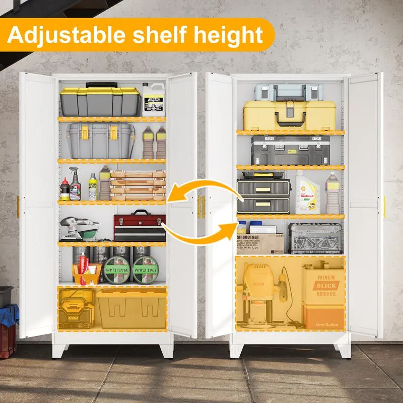 Armario despensa metálico con 2 puertas y 5 estantes ajustables, 190 cm (75"), armarios de almacenamiento de cocina con tiradores dorados, almacenamiento versátil para lavadero, sala de estar, baño, comedor, cuarto de servicio, organizador de muebles para