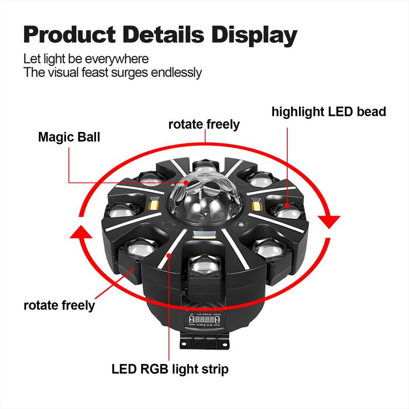 XDV Cabeza Móvil RGBW de 8 Ojos para DJ, Luz para Fiestas con Láser Rojo y Verde, 38 Tiras de Luz RGB, Estroboscópico, Luz de Escenario Activada por Sonido DMX512 para Clubes, KTV, Salas de Juegos, Raves, Fiestas en Casa, Fiestas de Halloween y Ambientes