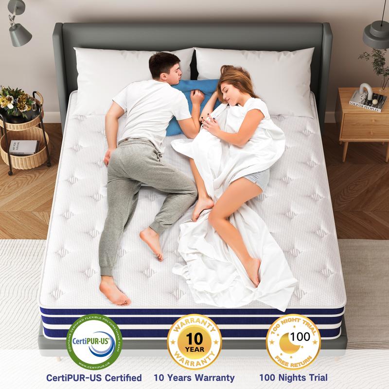 Colchón híbrido de espuma viscoelástica FVBEAYA de 10/12 pulgadas con resortes ensacados, proporciona alivio de presión y aislamiento de movimiento, diseño ergonómico, firmeza media, CertiPUR-US, libre de fibra de vidrio, soporte de borde de alta calidad,