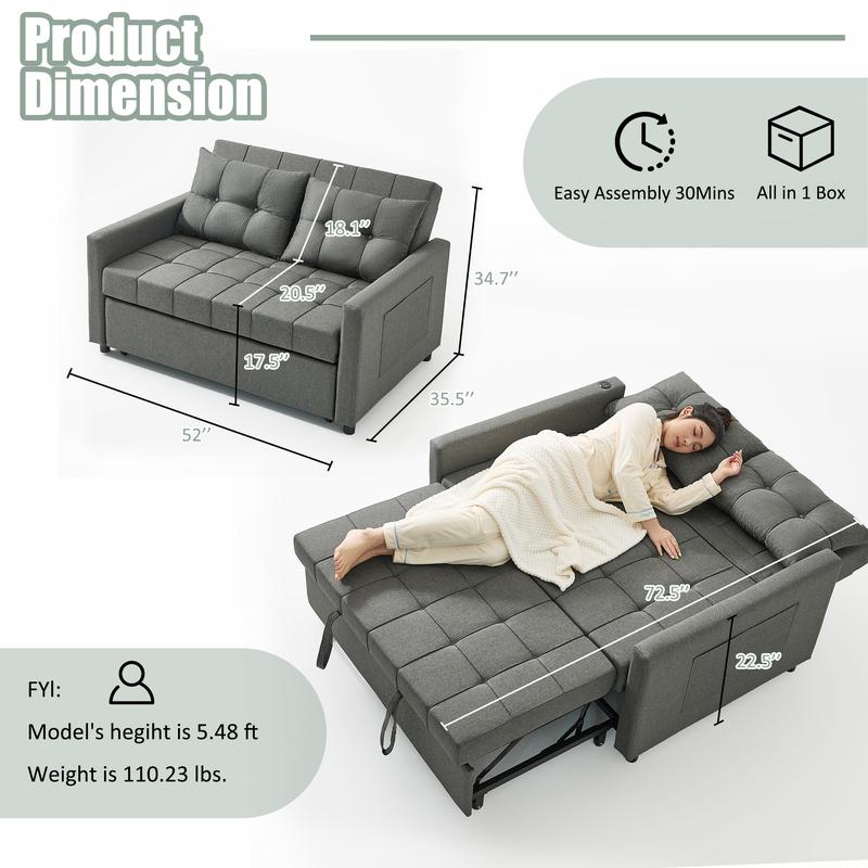 Sofá cama GOSUHI de 52" con cama extraíble, sofá, sofá cama convertible 3 en 1, sofá de dos plazas con respaldo ajustable sin escalones y bolsillo lateral, para sala de estar, dormitorio, apartamento, cama de día, sofás para sala
