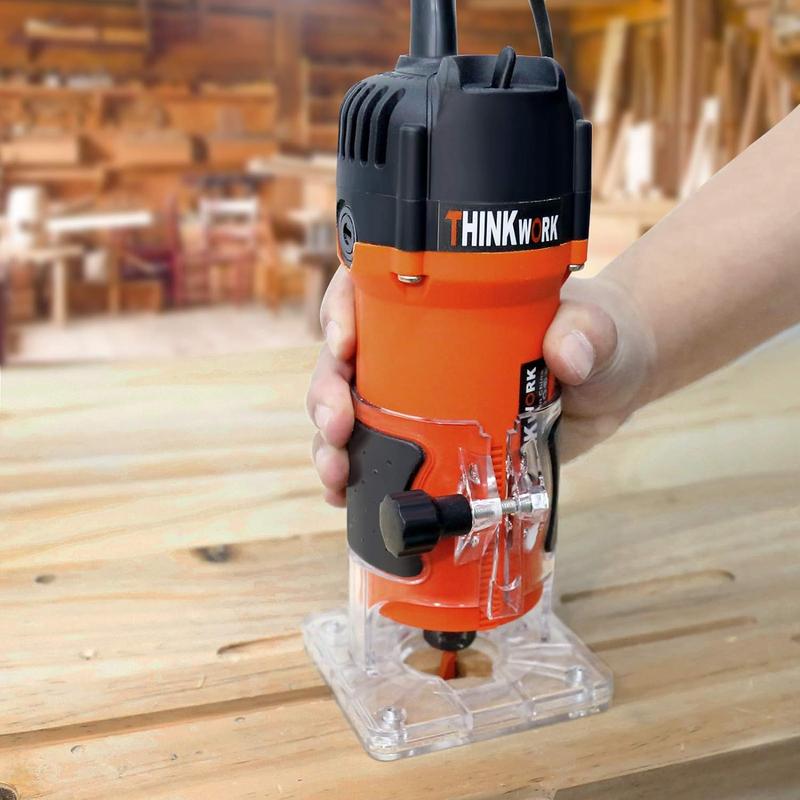 Fresadora compacta THINKWORK de 6,5 amperios y 1,25 CV con juego de 15 fresas para carpintería, herramienta portátil de alta resistencia para proyectos de bricolaje y del hogar.