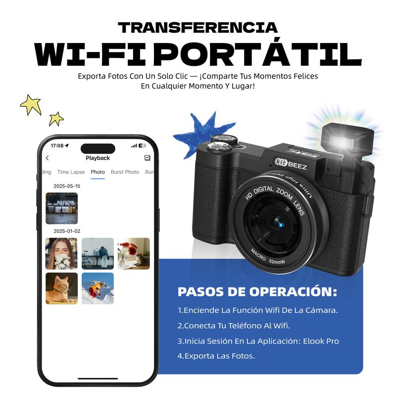 Kitbeez Cámara digital  KP-4 - 75 MP, video 5K, pantalla giratoria de 180° - Memoria de 32 GB incluida