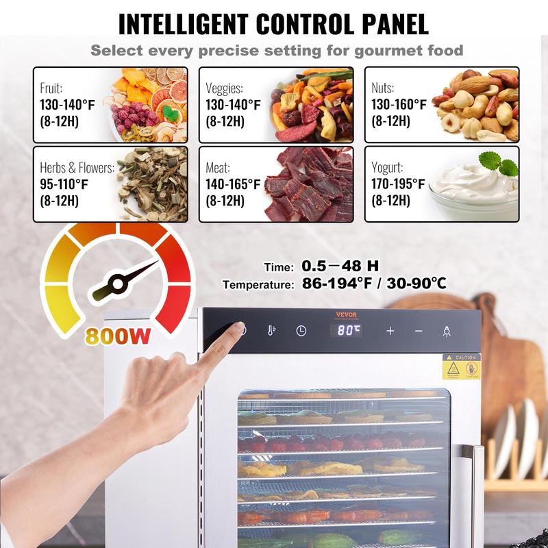 Deshidratador eléctrico de alimentos VEVOR, secador de alimentos eléctrico de 800 W, 10 bandejas de acero inoxidable, con temporizador y temperatura digital ajustables para cecina, hierbas, carne, res, frutas, golosinas para perros y verduras, electrodomé