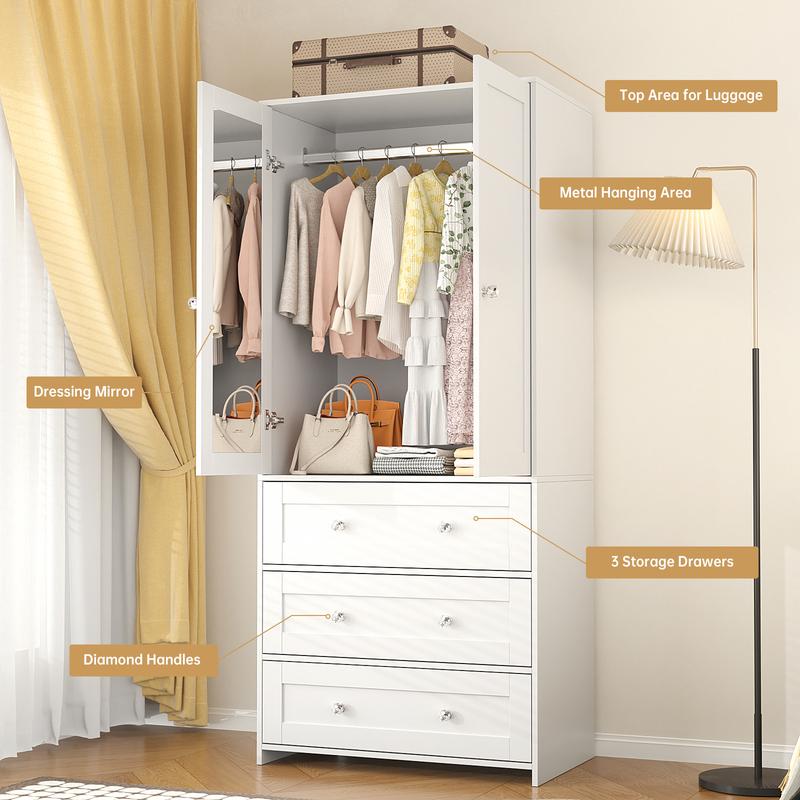 Armario independiente VOWNER, 180 cm de altura, para dormitorio, con 2 puertas y 3 cajones, con barra para colgar ropa, ideal para dormitorio o sala de estar.
