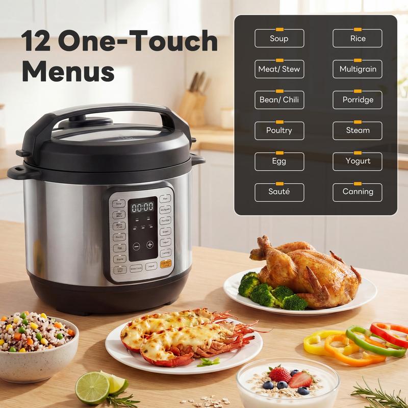 Olla a presión eléctrica multifunción con programas preestablecidos para cocinar rápidamente arroz, guisos, sopas y legumbres. Ideal para preparar comidas para familias ocupadas entre semana y cocinas pequeñas.